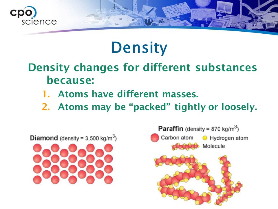 Density Density changes for different substances because: 1.Atoms have different masses.