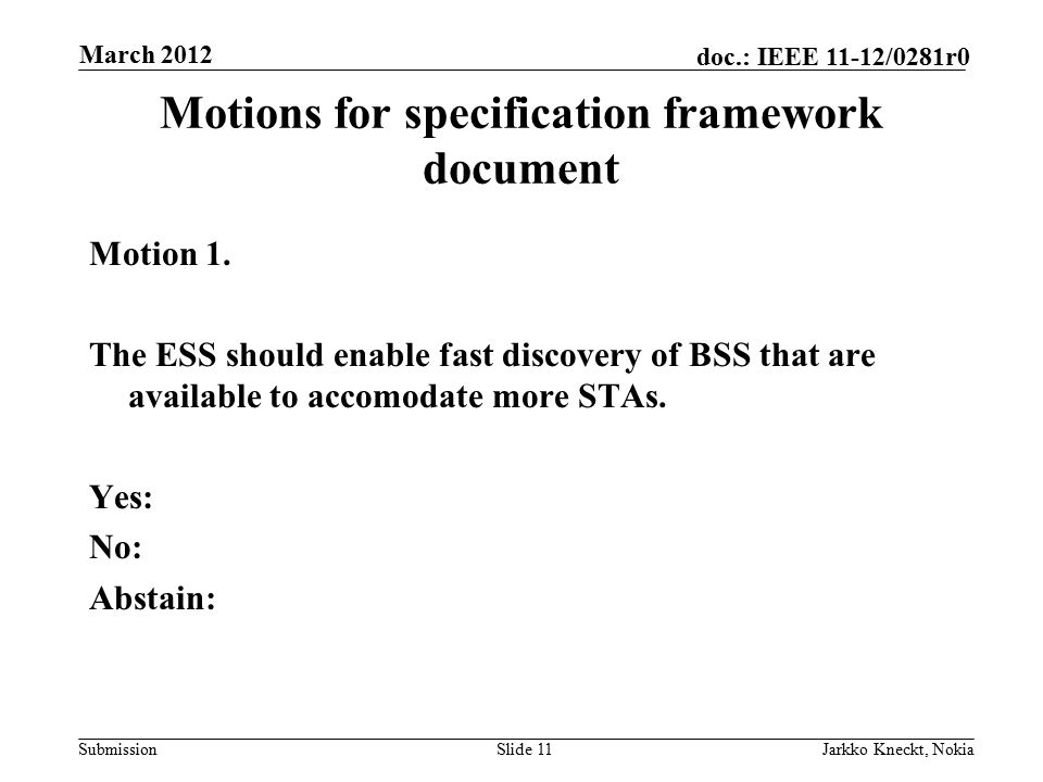 Submission doc.: IEEE 11-12/0281r0 Motions for specification framework document Motion 1.