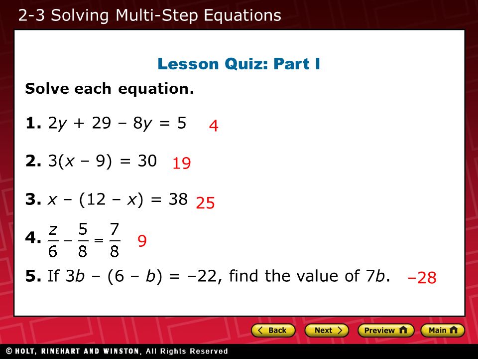 2 1 Solving One Step Equations Two 3 Lesson Quiz Part L Solve Each Equation 1 2y 29 8y