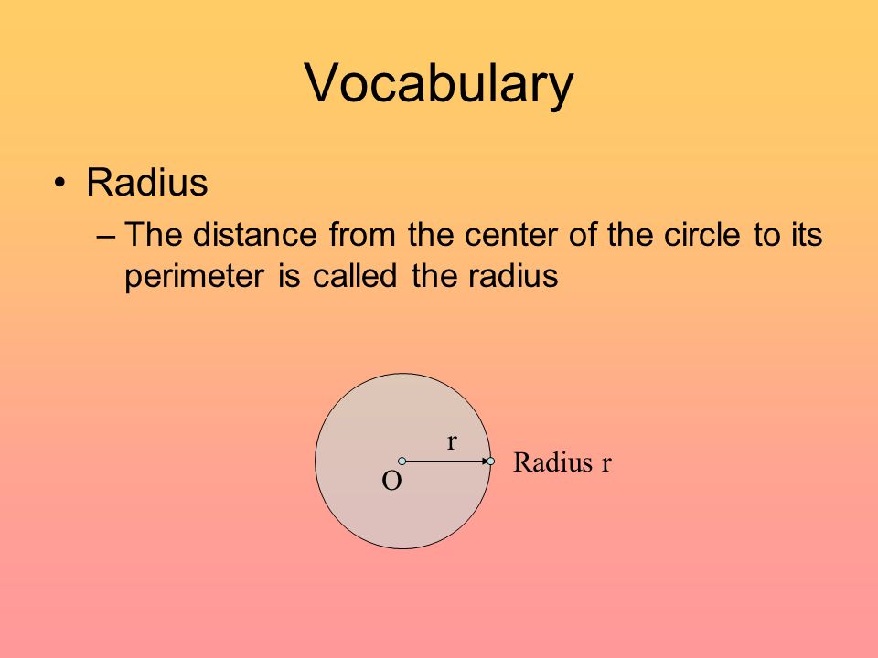 Vocabulary Radius –The distance from the center of the circle to its perimeter is called the radius r O Radius r
