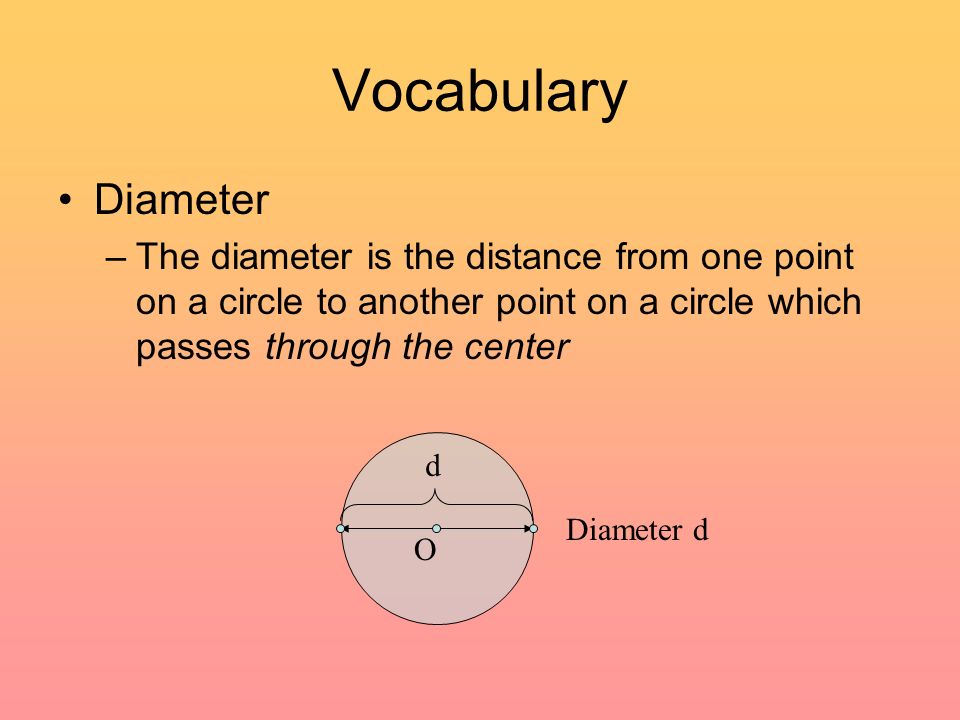 Vocabulary Diameter –The diameter is the distance from one point on a circle to another point on a circle which passes through the center d Diameter d O