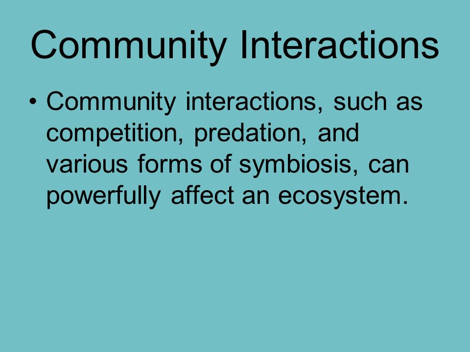 Community Interactions Community interactions, such as competition, predation, and various forms of symbiosis, can powerfully affect an ecosystem.