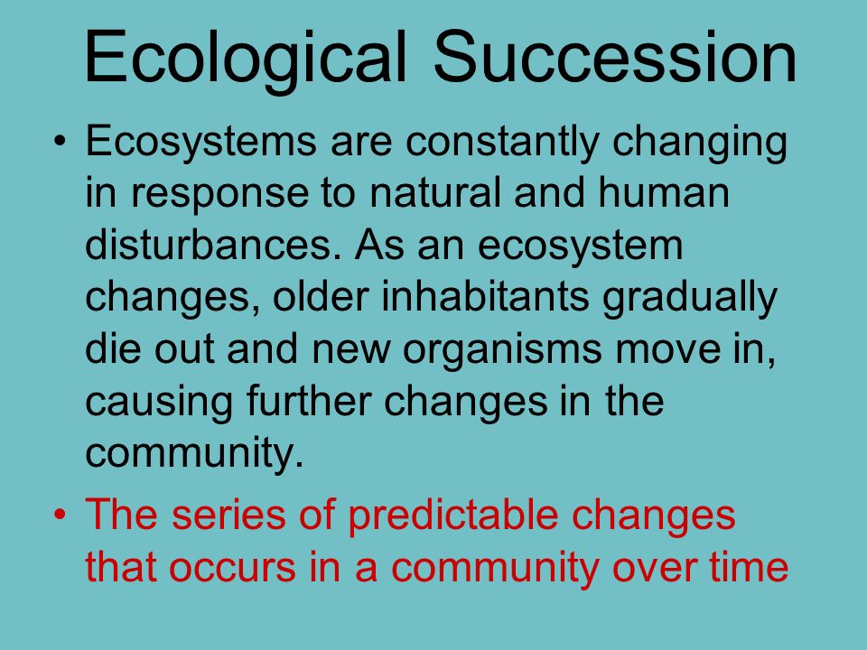 Ecological Succession Ecosystems are constantly changing in response to natural and human disturbances.