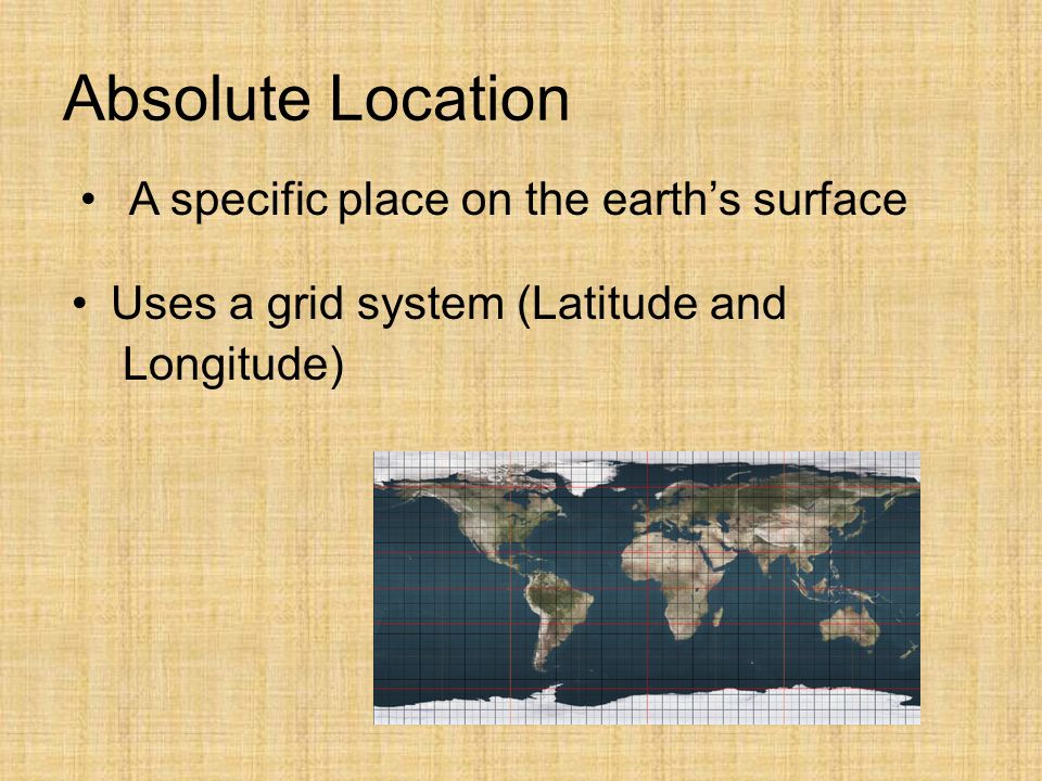 Absolute Location Longitude) Uses a grid system (Latitude and A specific place on the earth’s surface