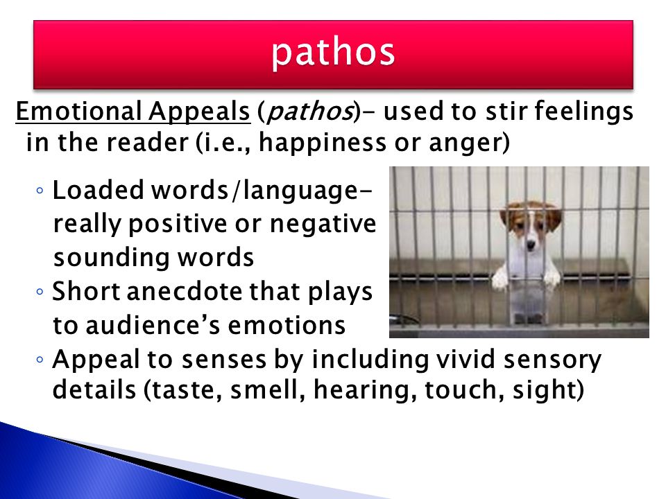 Emotional Appeals (pathos)- used to stir feelings in the reader (i.e., happiness or anger) ◦ Loaded words/language- really positive or negative sounding words ◦ Short anecdote that plays to audience’s emotions ◦ Appeal to senses by including vivid sensory details (taste, smell, hearing, touch, sight)