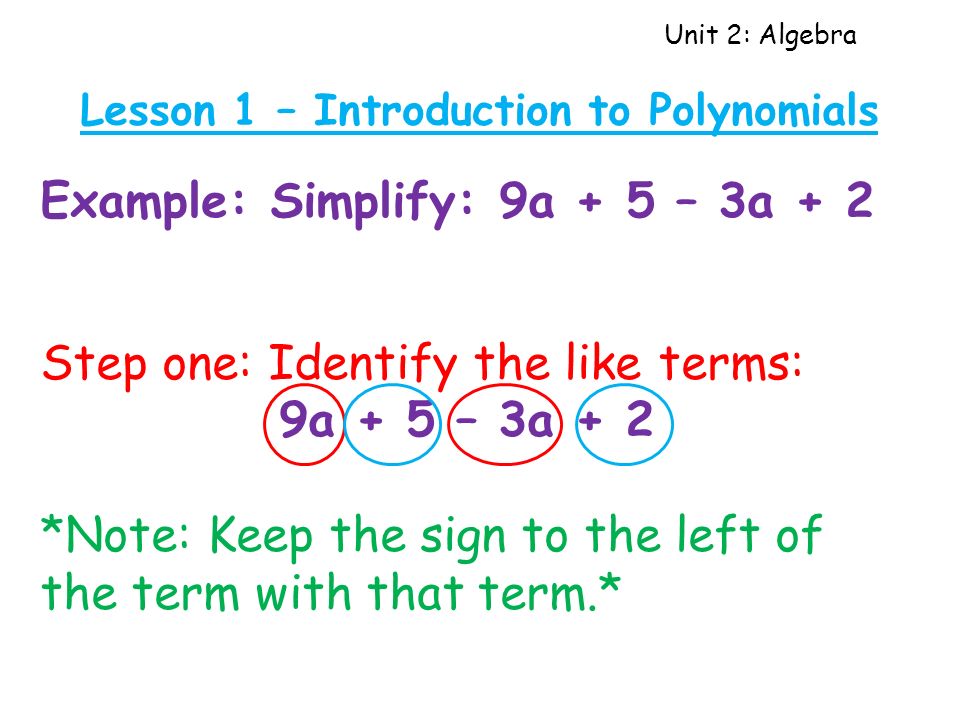 Unit 2: Algebra Lesson 1 – Introduction to Polynomials Example: Simplify: 9a + 5 – 3a + 2 Step one: Identify the like terms: 9a + 5 – 3a + 2 *Note: Keep the sign to the left of the term with that term.*