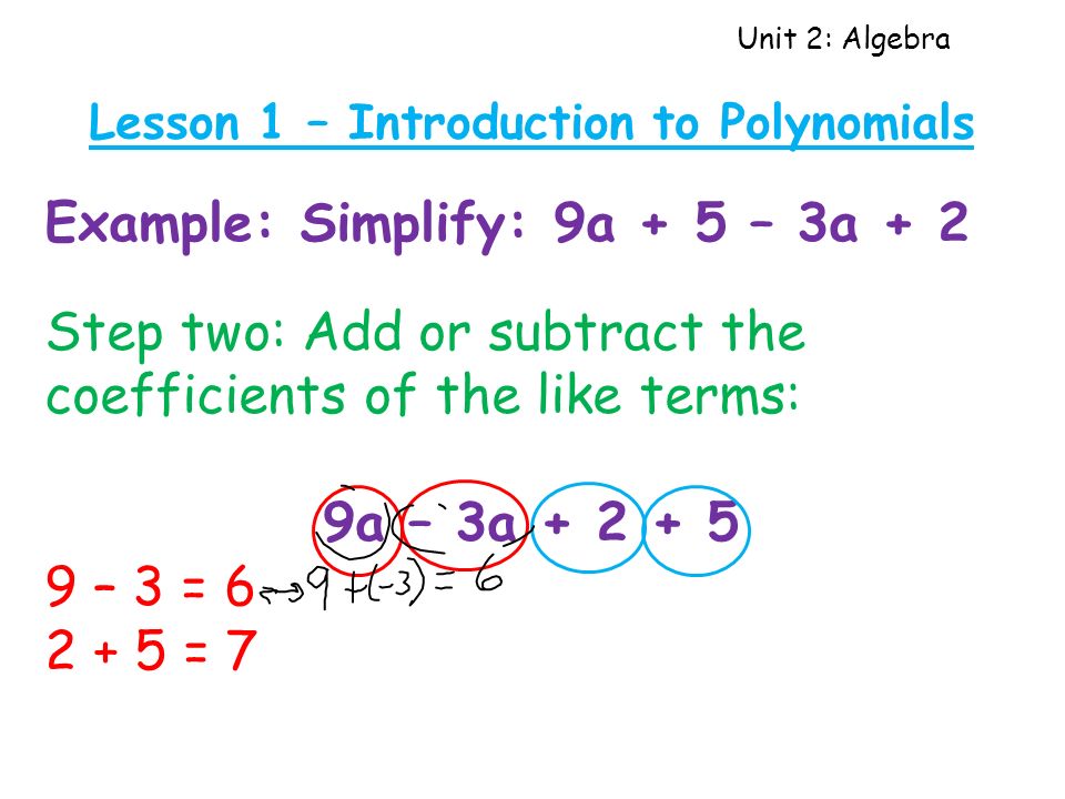 Unit 2: Algebra Lesson 1 – Introduction to Polynomials Example: Simplify: 9a + 5 – 3a + 2 Step two: Add or subtract the coefficients of the like terms: 9a – 3a – 3 = = 7