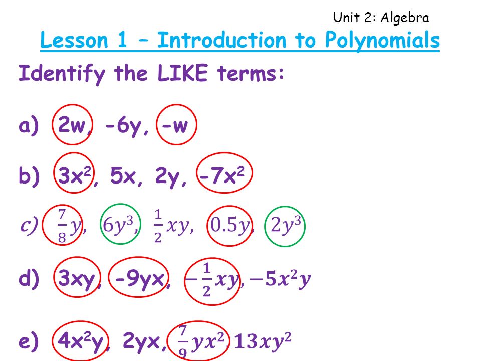 Unit 2: Algebra Lesson 1 – Introduction to Polynomials