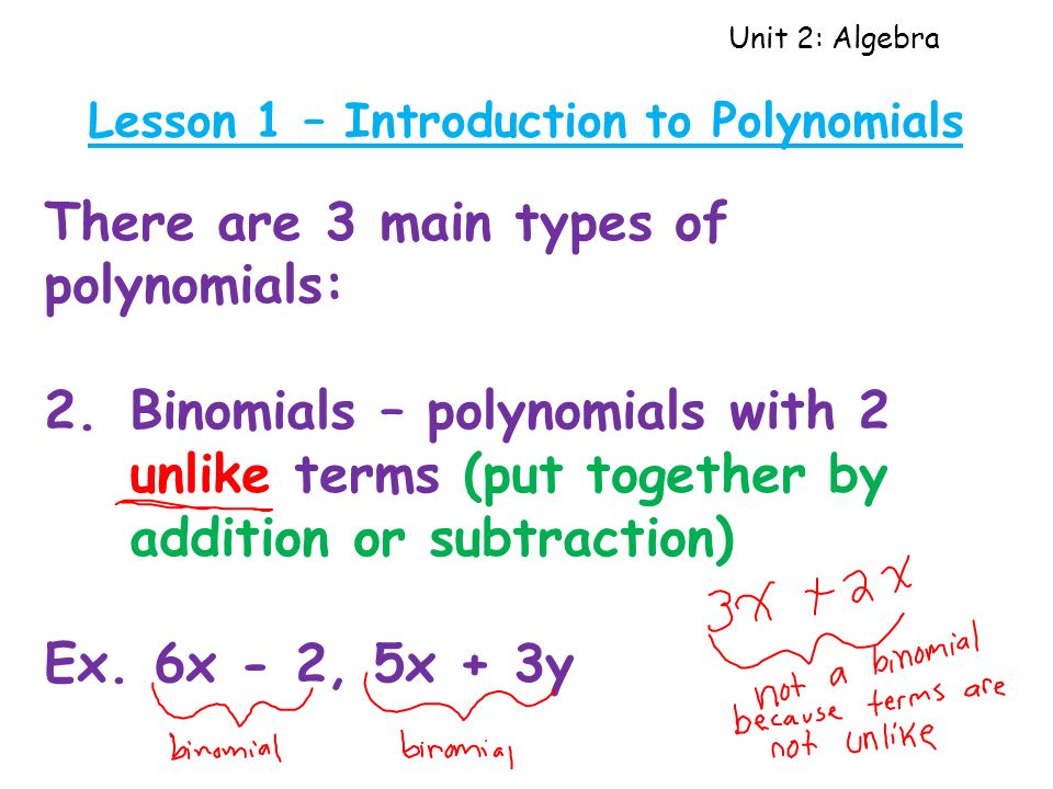Unit 2: Algebra Lesson 1 – Introduction to Polynomials There are 3 main types of polynomials: 2.Binomials – polynomials with 2 unlike terms (put together by addition or subtraction) Ex.