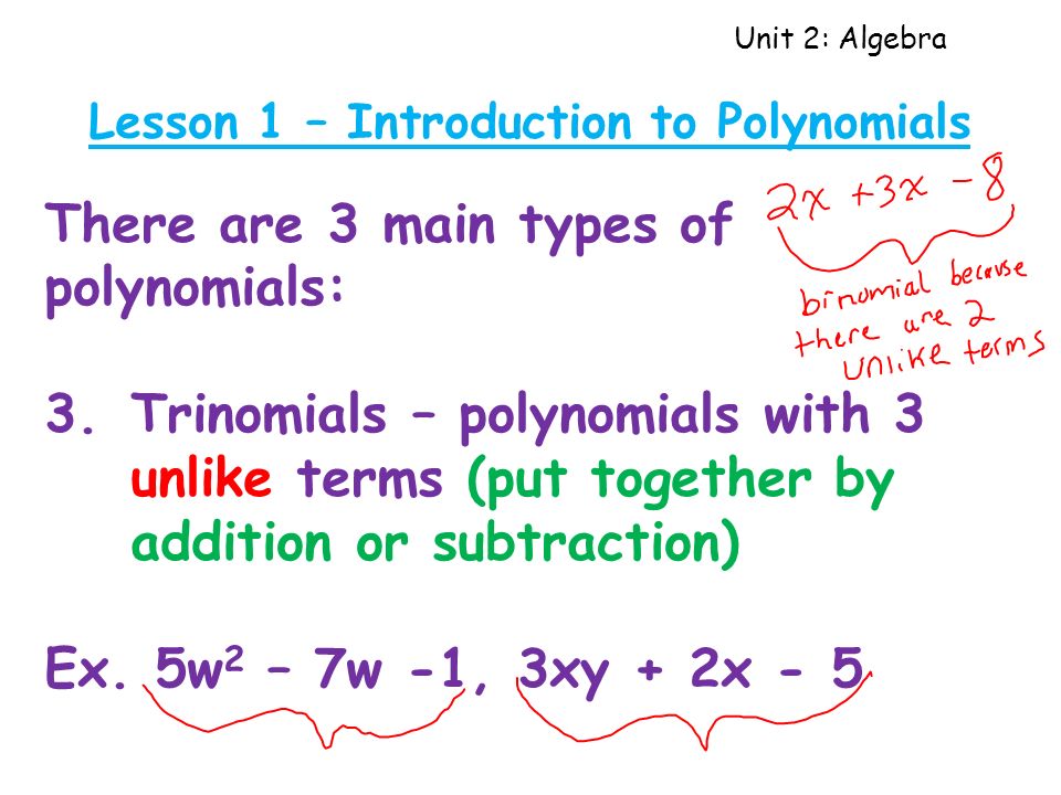 Unit 2: Algebra Lesson 1 – Introduction to Polynomials There are 3 main types of polynomials: 3.Trinomials – polynomials with 3 unlike terms (put together by addition or subtraction) Ex.