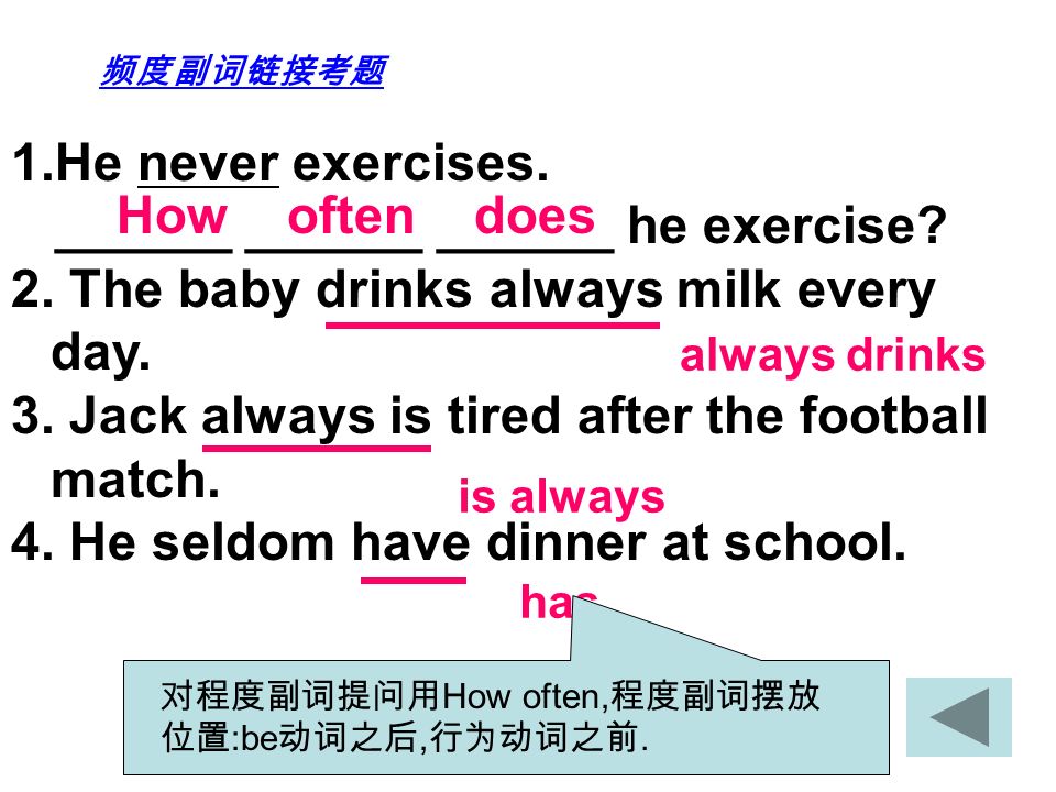 频度副词链接考题 1.He never exercises. ______ ______ ______ he exercise.