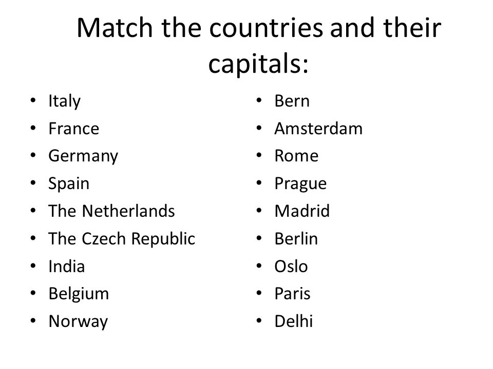 Match the countries and their capitals: Italy France Germany Spain The Netherlands The Czech Republic India Belgium Norway Bern Amsterdam Rome Prague Madrid Berlin Oslo Paris Delhi