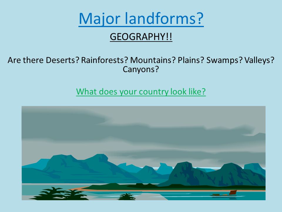 Major landforms. GEOGRAPHY!. Are there Deserts. Rainforests.