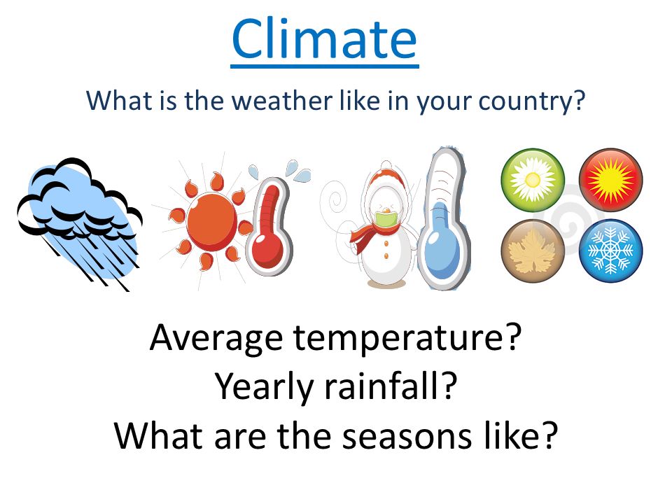 Climate What is the weather like in your country. Average temperature.