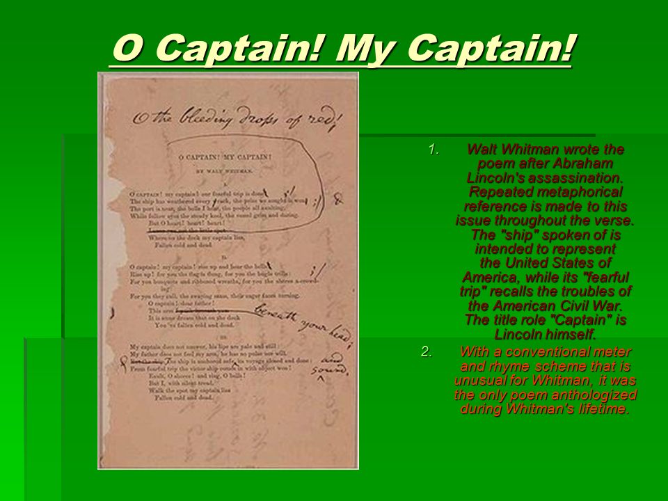 an analysis of the poem o captain my captain by walt whitman Undervisning dikter: analysera walt whitman o kapten min kapten dikt lektionsplaner student aktiviteter med twist utökad metafor analys & poesi jämförelse. an analysis of the poem o captain my captain by walt whitman Undervisning dikter: analysera walt whitman o kapten min kapten dikt lektionsplaner student aktiviteter med twist utökad metafor analys & poesi jämförelse.