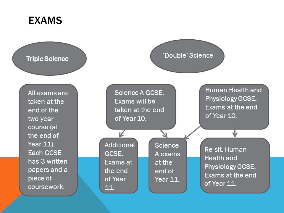 EXAMS Triple Science ‘Double’ Science All exams are taken at the end of the two year course (at the end of Year 11).