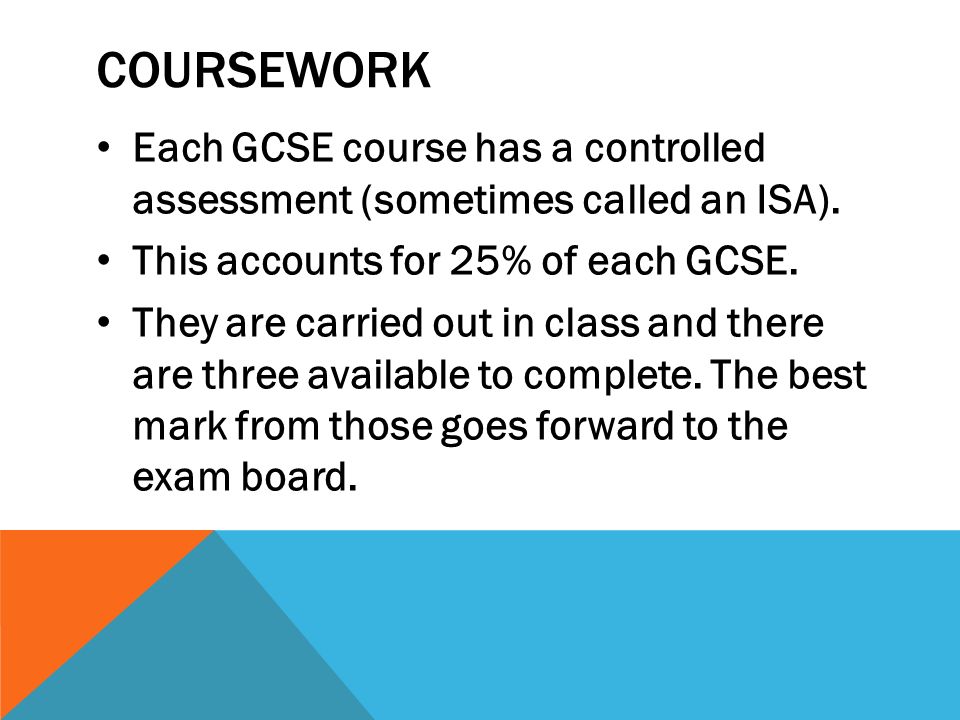 COURSEWORK Each GCSE course has a controlled assessment (sometimes called an ISA).