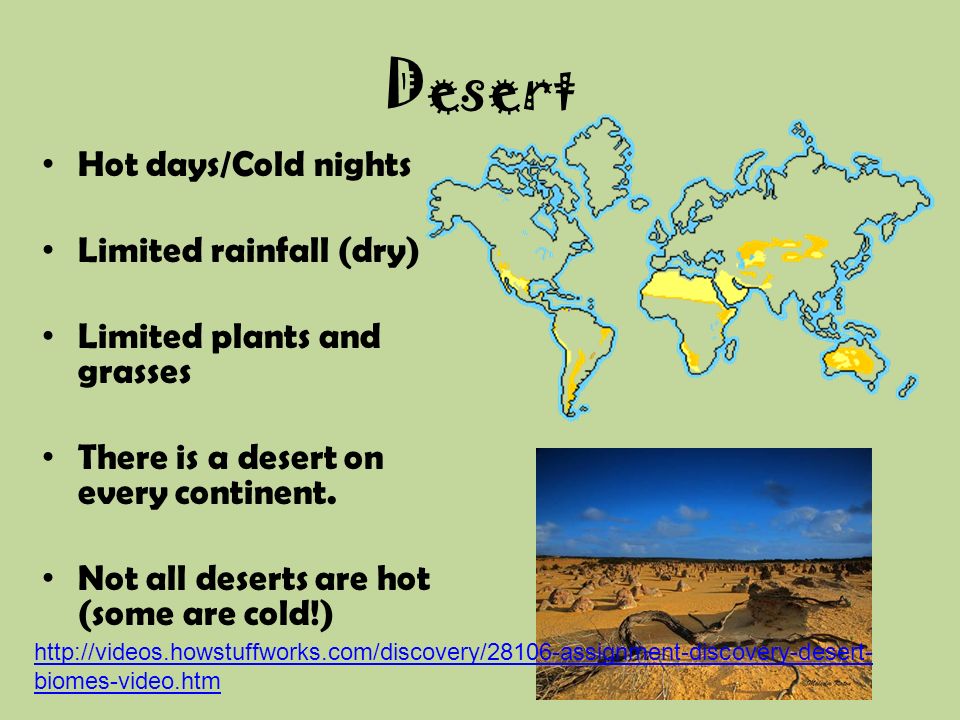 Desert Hot days/Cold nights Limited rainfall (dry) Limited plants and grasses There is a desert on every continent.