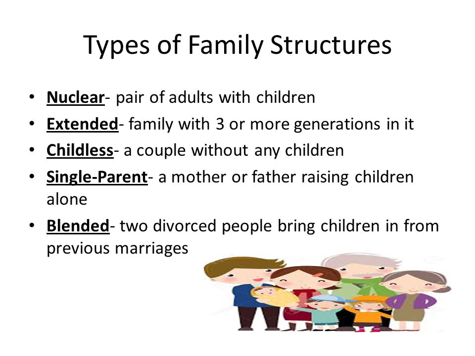 Types of Family Structures Nuclear- pair of adults with children Extended- family with 3 or more generations in it Childless- a couple without any children Single-Parent- a mother or father raising children alone Blended- two divorced people bring children in from previous marriages