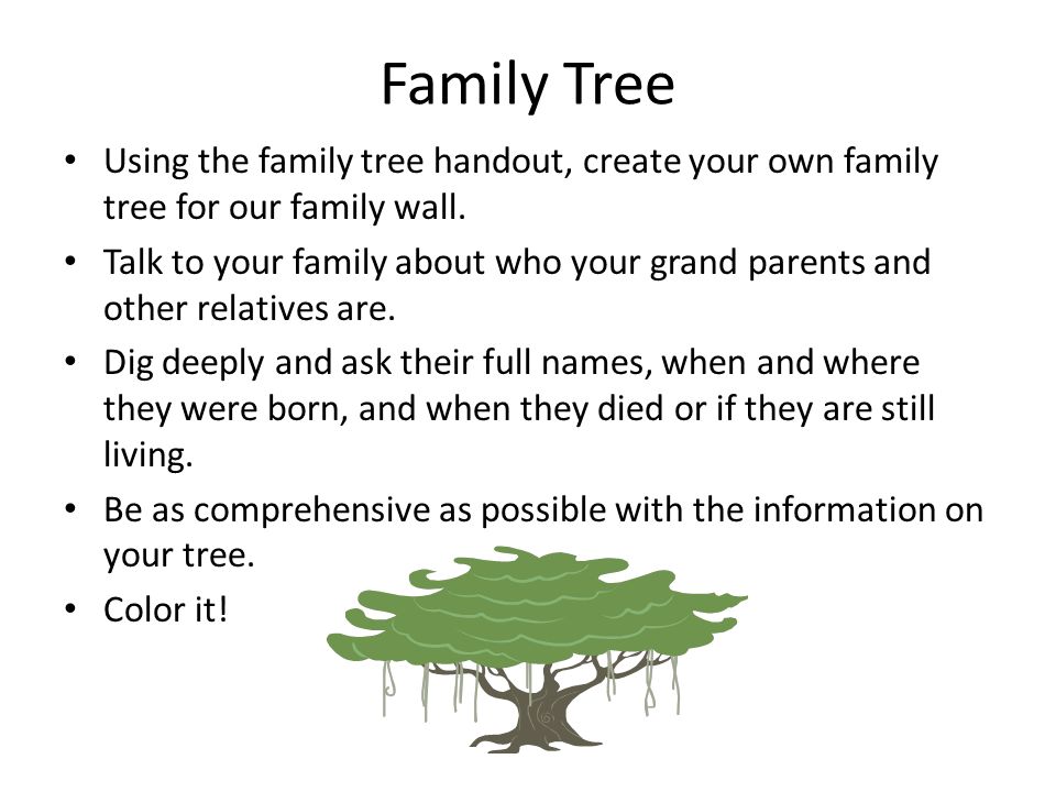 Family Tree Using the family tree handout, create your own family tree for our family wall.
