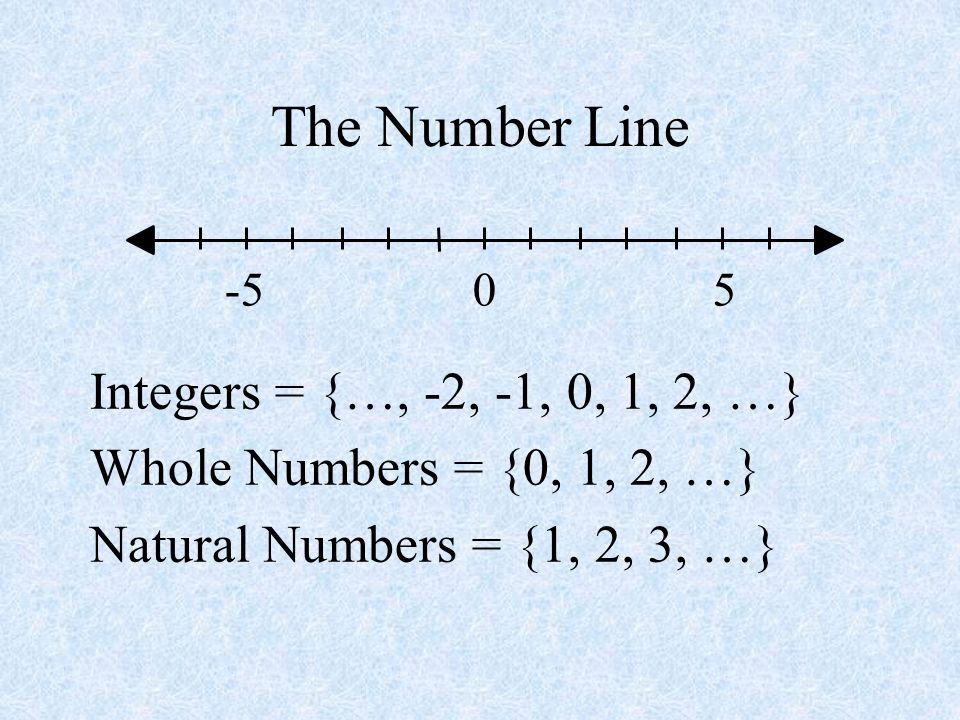 The Number Line Integers = {…, -2, -1, 0, 1, 2, …} Whole Numbers = {0, 1, 2, …} Natural Numbers = {1, 2, 3, …} -505