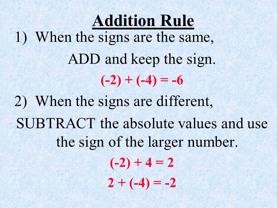 Addition Rule 1) When the signs are the same, ADD and keep the sign.