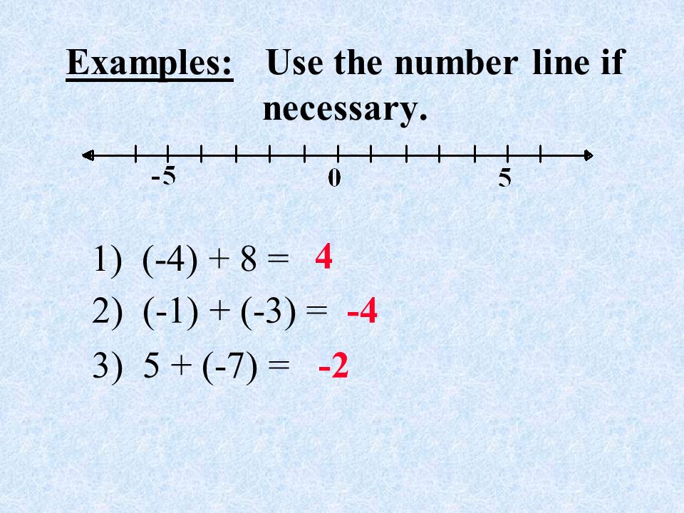 Examples: Use the number line if necessary. 4 2) (-1) + (-3) = -4 3) 5 + (-7) = -2 1) (-4) + 8 =