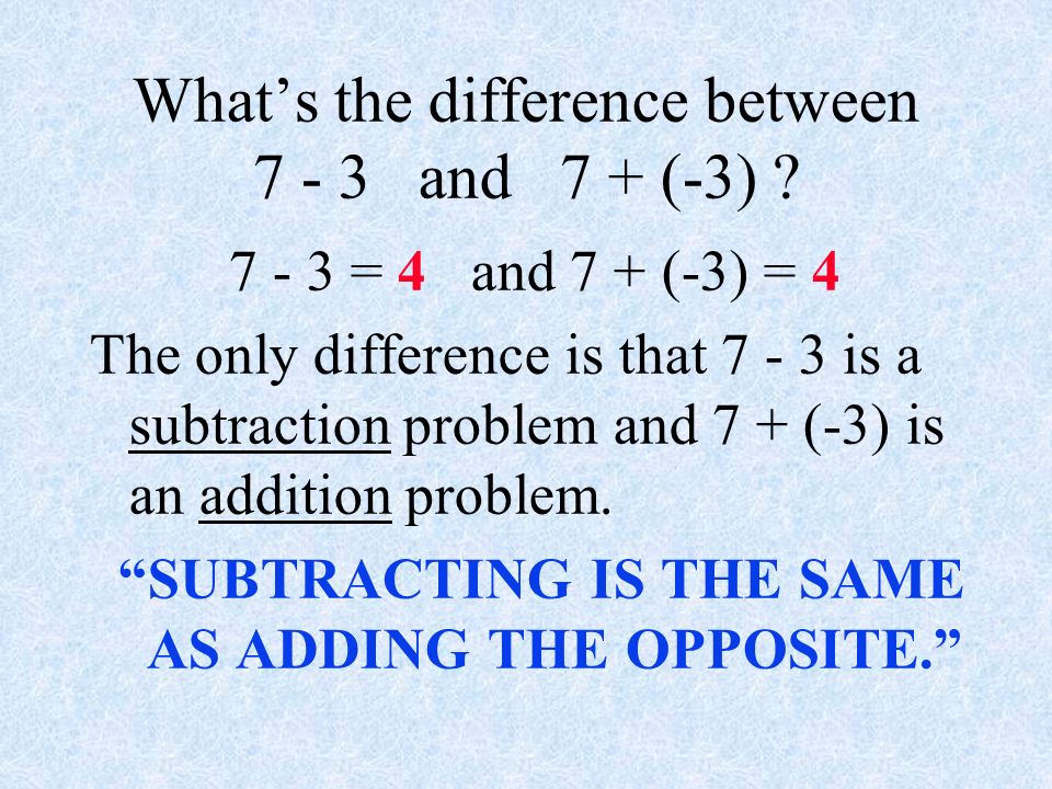 What’s the difference between and 7 + (-3) .