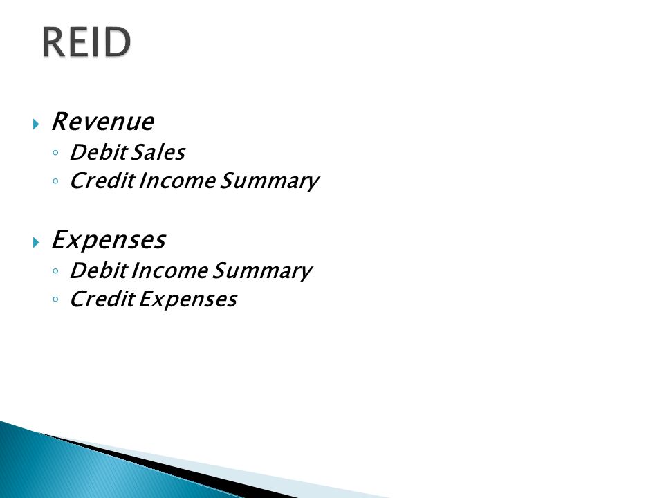  Revenue ◦ Debit Sales ◦ Credit Income Summary  Expenses ◦ Debit Income Summary ◦ Credit Expenses