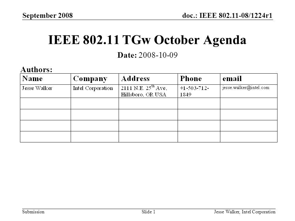 doc.: IEEE /1224r1 Submission September 2008 Jesse Walker, Intel CorporationSlide 1 IEEE TGw October Agenda Date: Authors: