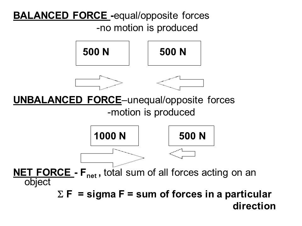 BALANCED FORCE -equal/opposite forces -no motion is produced 500 N 500 N UNBALANCED FORCE–unequal/opposite forces -motion is produced 1000 N 500 N NET FORCE - F net, total sum of all forces acting on an object  F = sigma F = sum of forces in a particular direction