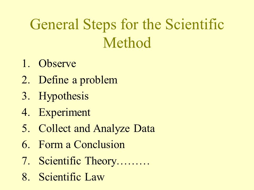General Steps for the Scientific Method 1.Observe 2.Define a problem 3.Hypothesis 4.Experiment 5.Collect and Analyze Data 6.Form a Conclusion 7.Scientific Theory……… 8.Scientific Law