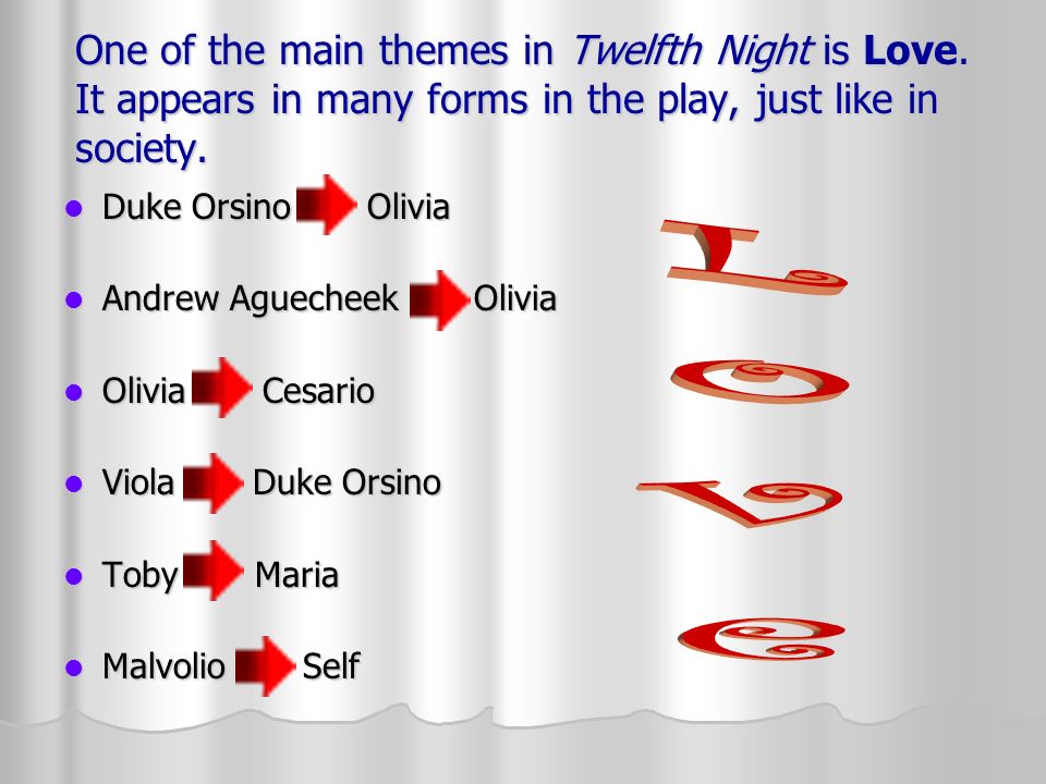 twelfth night essays three types of love Essay twelfth night: theme of love in the play twelfth night, shakespeare throughout the play shakespeare examines three different types of love:. twelfth night essays three types of love Essay twelfth night: theme of love in the play twelfth night, shakespeare throughout the play shakespeare examines three different types of love:.
