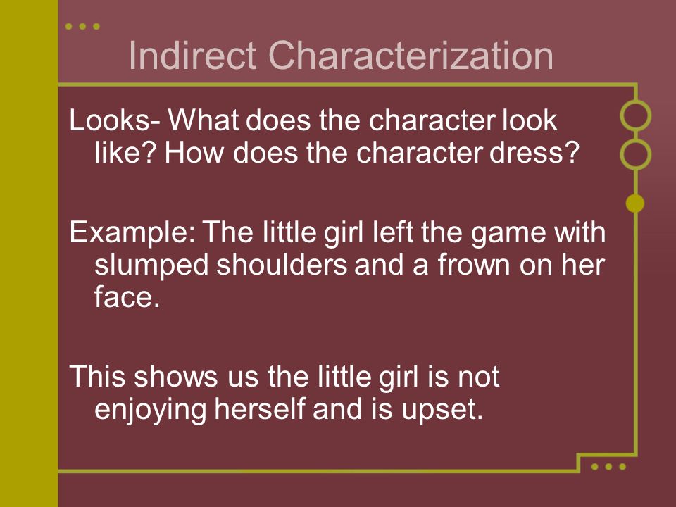 Indirect Characterization Looks- What does the character look like.