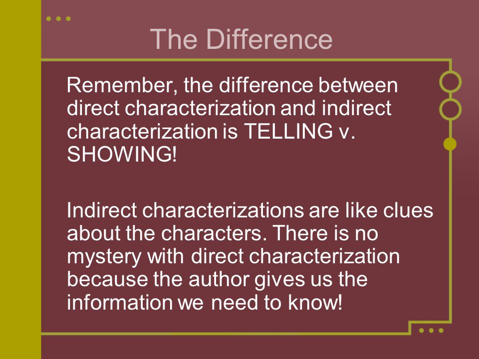 The Difference Remember, the difference between direct characterization and indirect characterization is TELLING v.