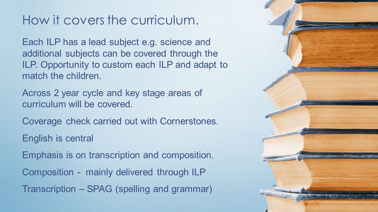 How it covers the curriculum. Each ILP has a lead subject e.g.