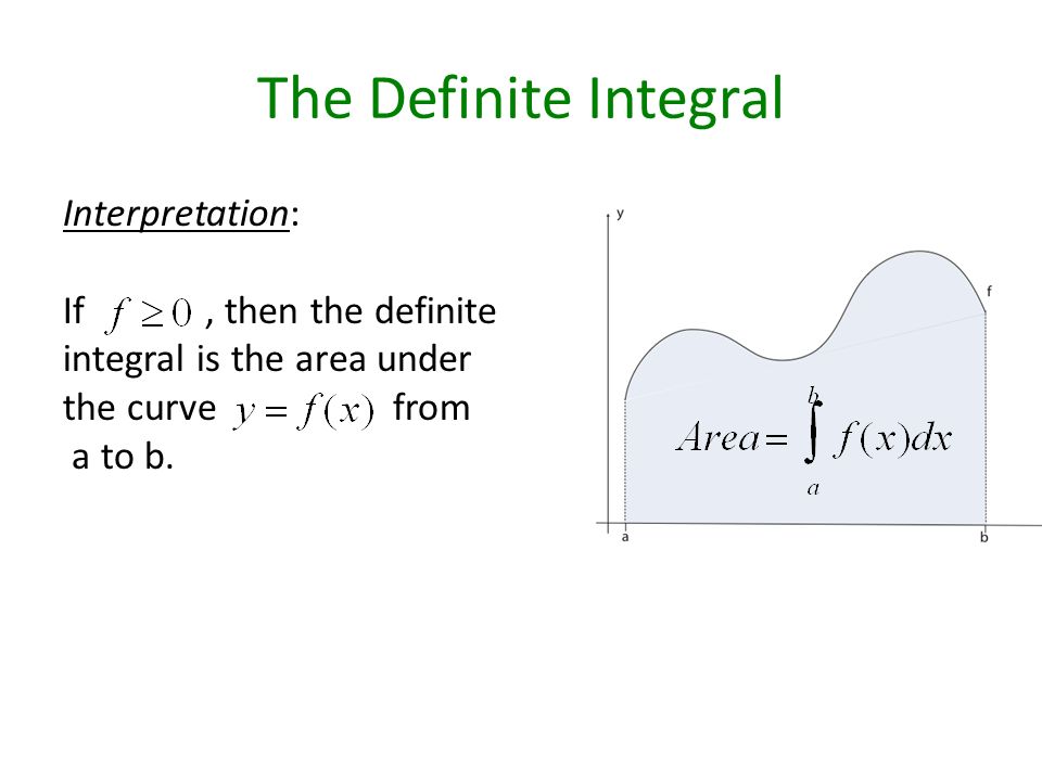 The Definite Integral Interpretation: If, then the definite integral is the area under the curve from a to b.