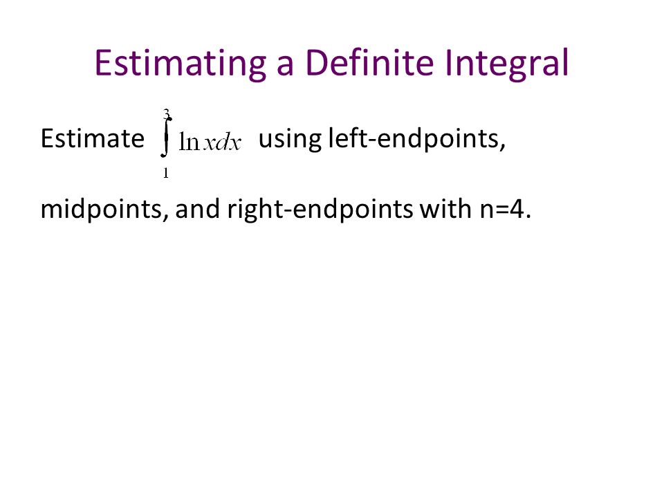 Estimating a Definite Integral Estimate using left-endpoints, midpoints, and right-endpoints with n=4.