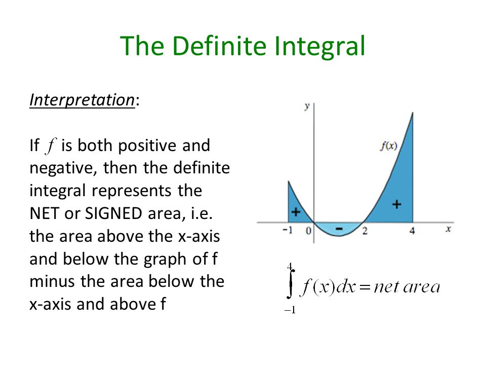 The Definite Integral Interpretation: If is both positive and negative, then the definite integral represents the NET or SIGNED area, i.e.