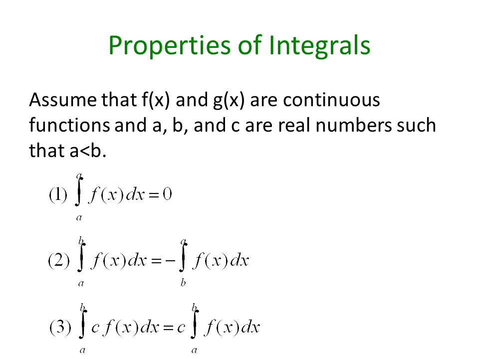 Properties of Integrals Assume that f(x) and g(x) are continuous functions and a, b, and c are real numbers such that a<b.