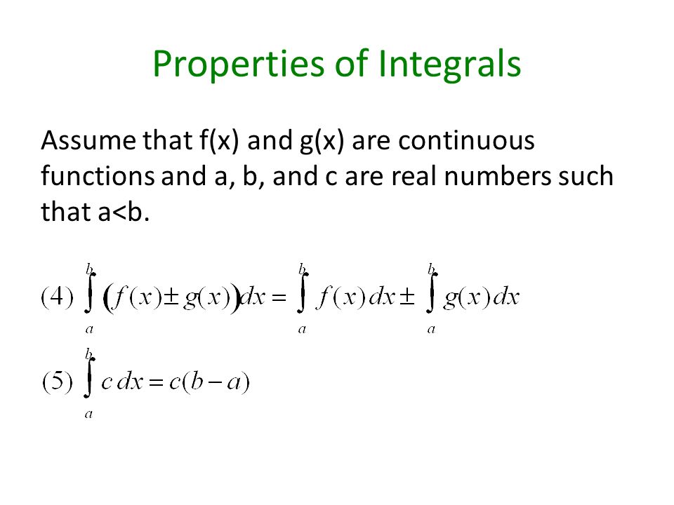 Properties of Integrals Assume that f(x) and g(x) are continuous functions and a, b, and c are real numbers such that a<b.
