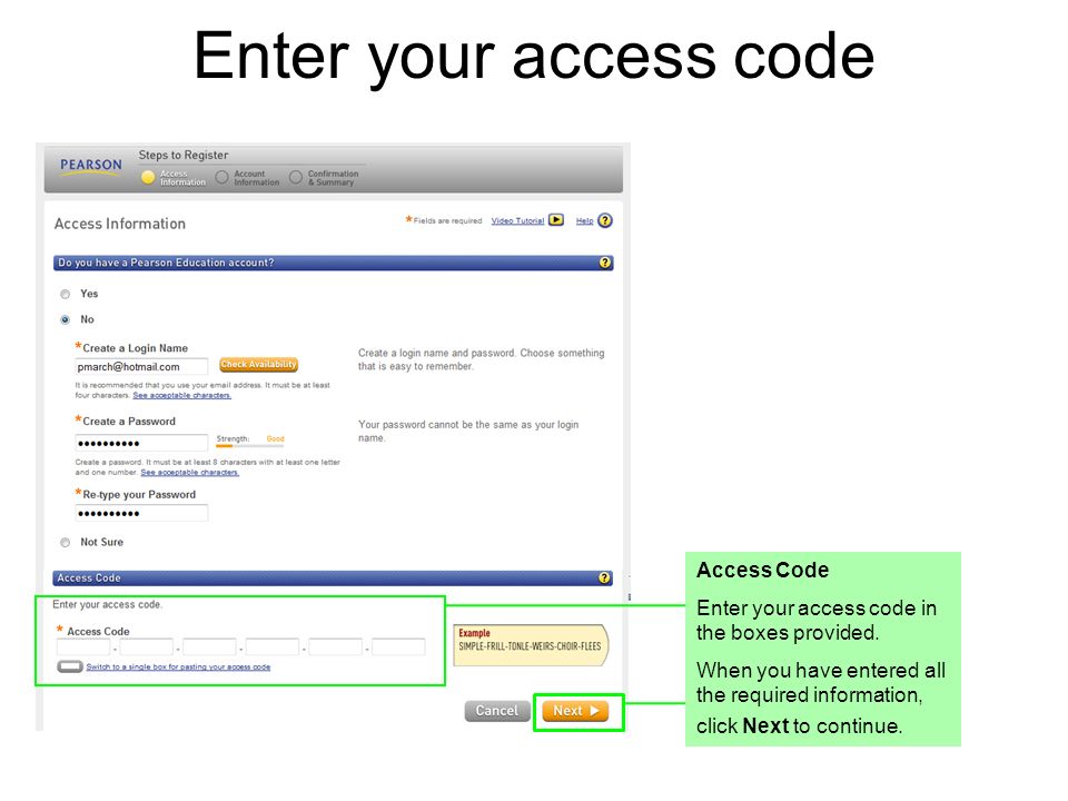 Access Code Enter your access code in the boxes provided.