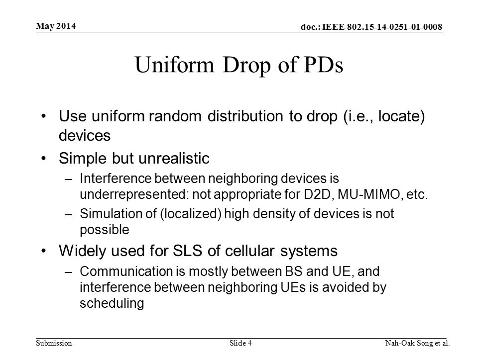 doc.: IEEE Submission Uniform Drop of PDs Use uniform random distribution to drop (i.e., locate) devices Simple but unrealistic –Interference between neighboring devices is underrepresented: not appropriate for D2D, MU-MIMO, etc.