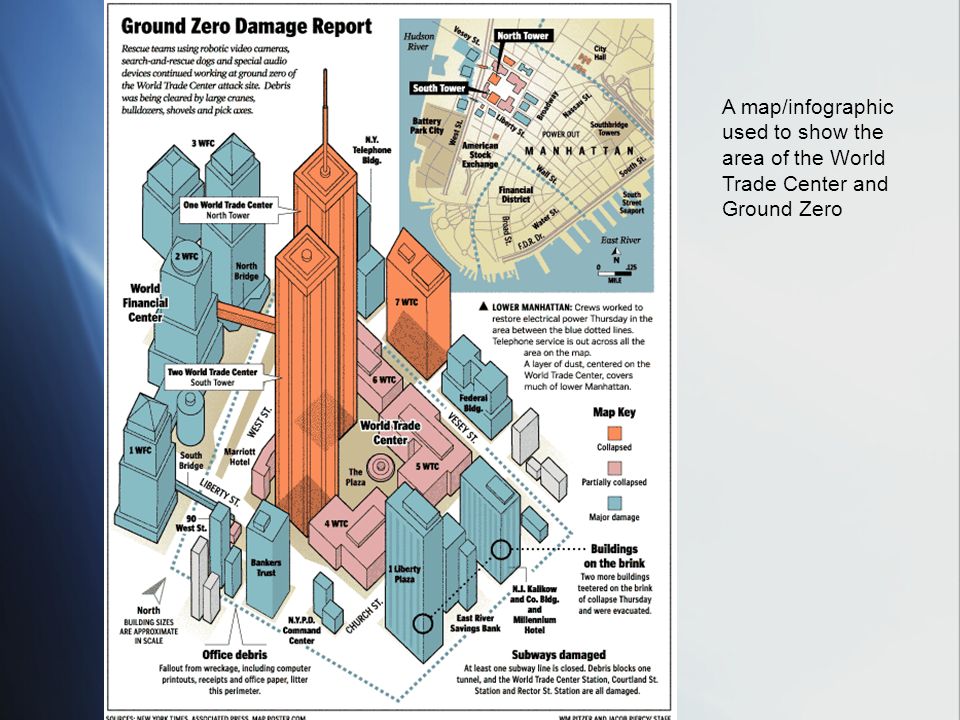 A map/infographic used to show the area of the World Trade Center and Ground Zero