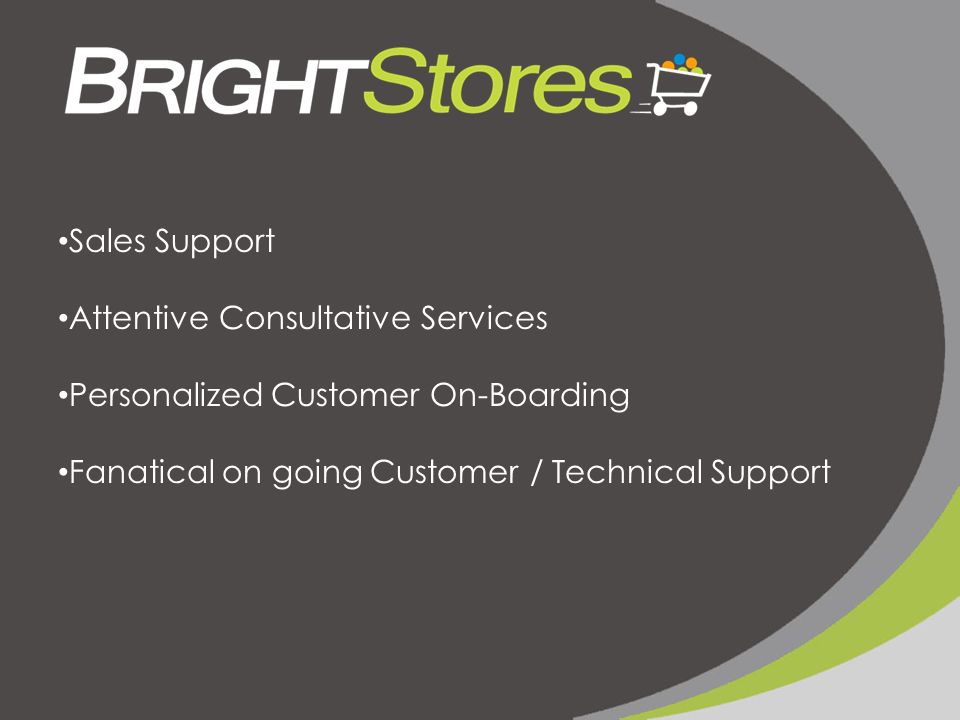 Sales Support Attentive Consultative Services Personalized Customer On-Boarding Fanatical on going Customer / Technical Support
