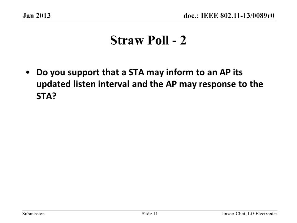 doc.: IEEE /0089r0 Submission Straw Poll - 2 Do you support that a STA may inform to an AP its updated listen interval and the AP may response to the STA.