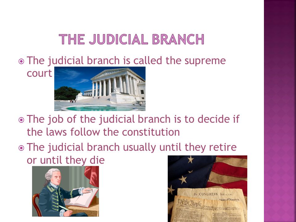 The judicial branch is called the supreme court  The job of the judicial branch is to decide if the laws follow the constitution  The judicial branch usually until they retire or until they die