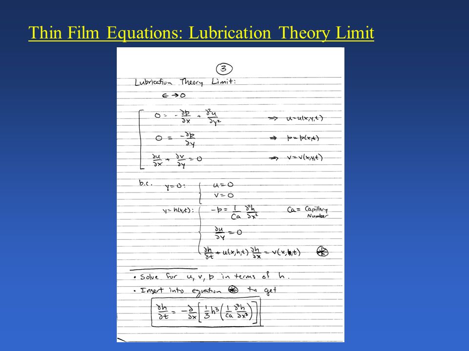 Liquid Droplet Dynamics Variations On A Theme Daniel M Anderson 13 Thin Film Equations Lubrication Theory Limit