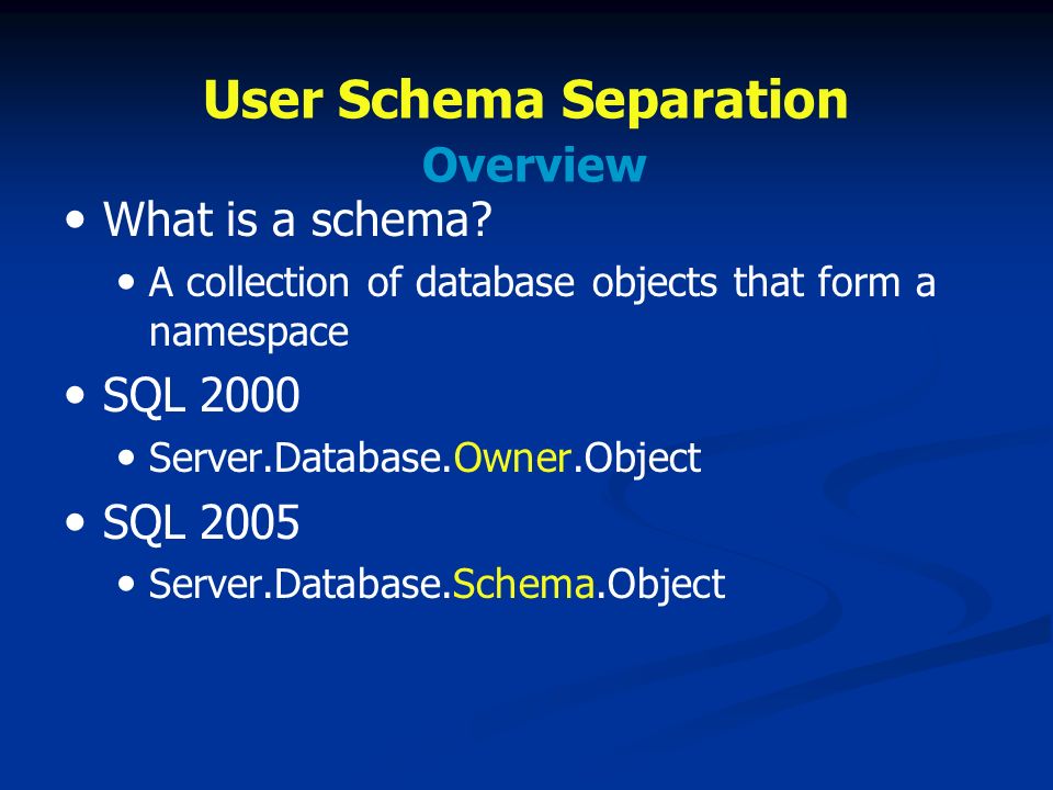 User Schema Separation Overview What is a schema.