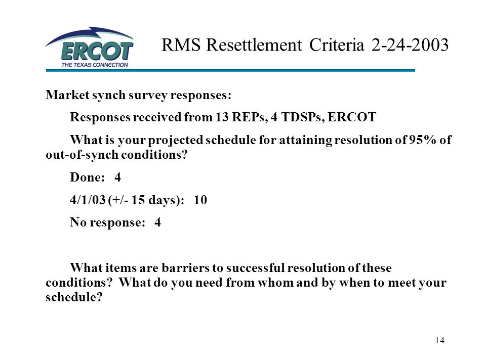 14 RMS Resettlement Criteria Market synch survey responses: Responses received from 13 REPs, 4 TDSPs, ERCOT What is your projected schedule for attaining resolution of 95% of out-of-synch conditions.